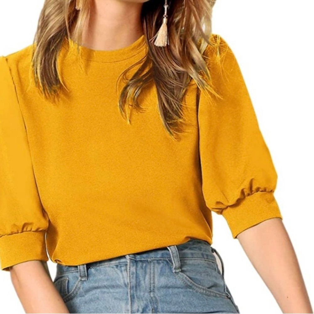 mustard yellow blouse puff sleeves NWOT